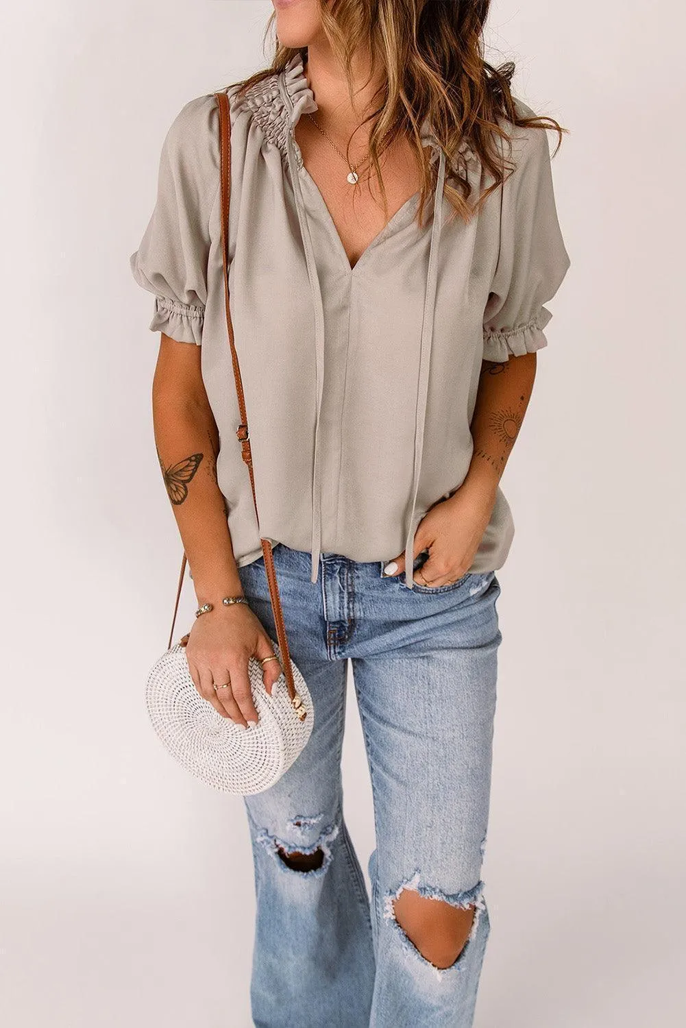 Uncomplicated Short Sleeve Tie Neck Blouse