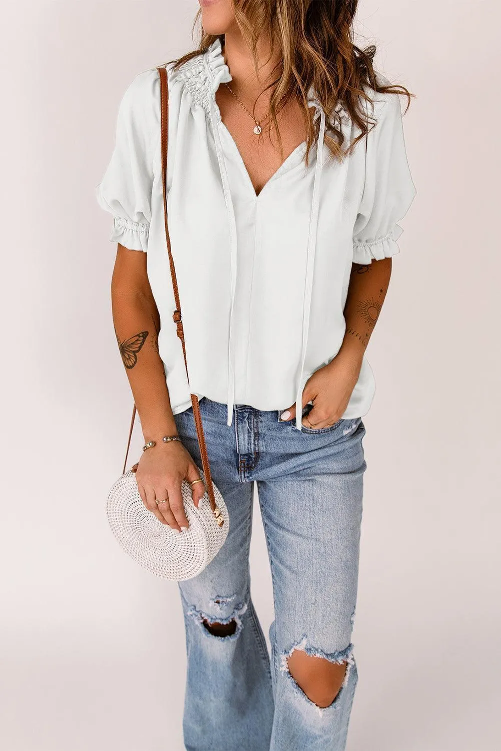 Uncomplicated Short Sleeve Tie Neck Blouse