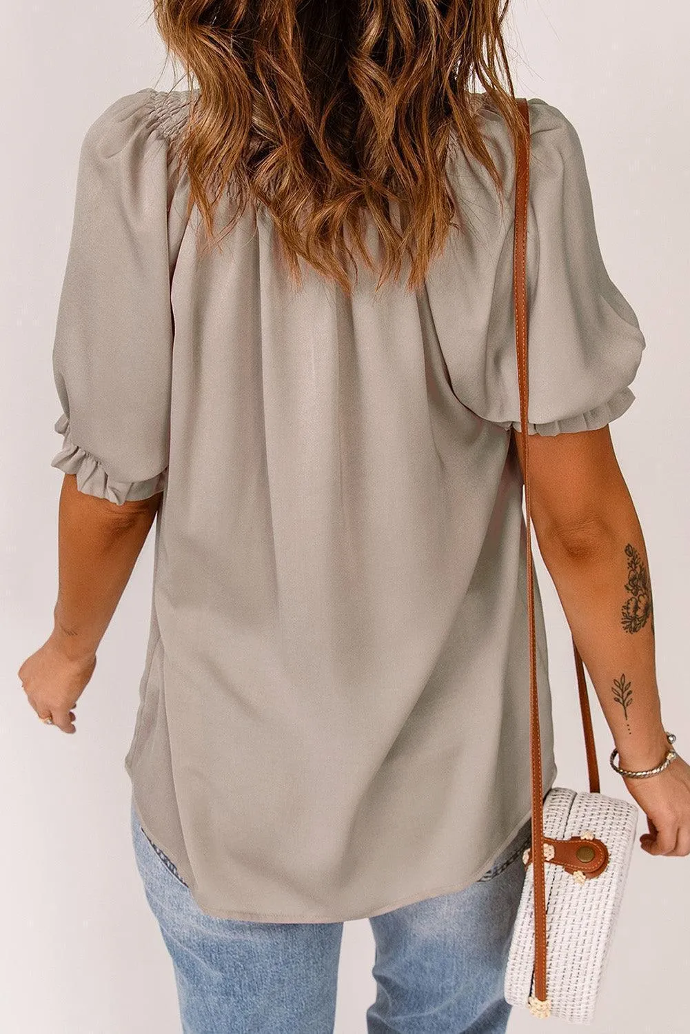 Uncomplicated Short Sleeve Tie Neck Blouse