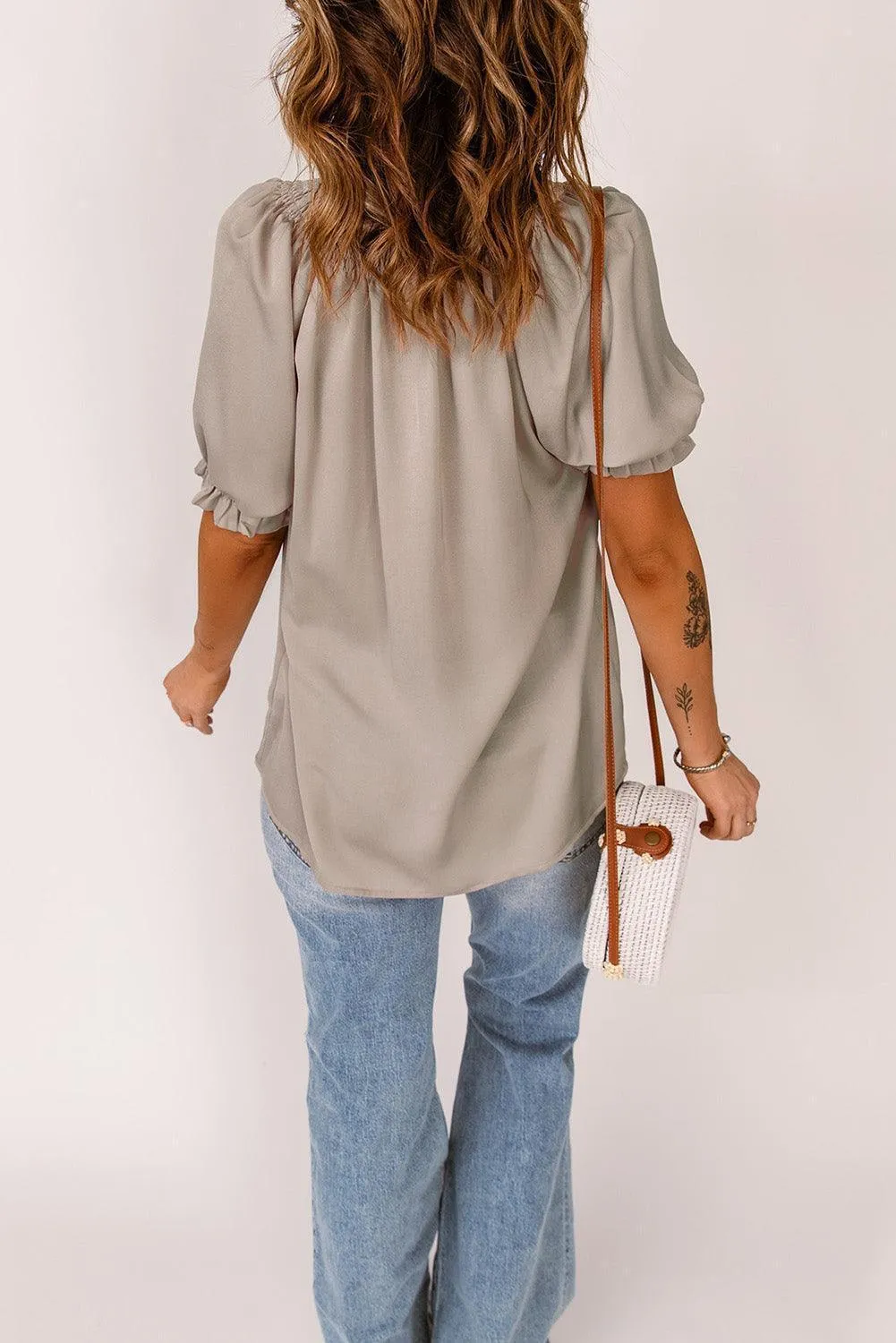 Uncomplicated Short Sleeve Tie Neck Blouse