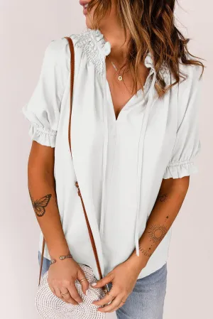 Uncomplicated Short Sleeve Tie Neck Blouse