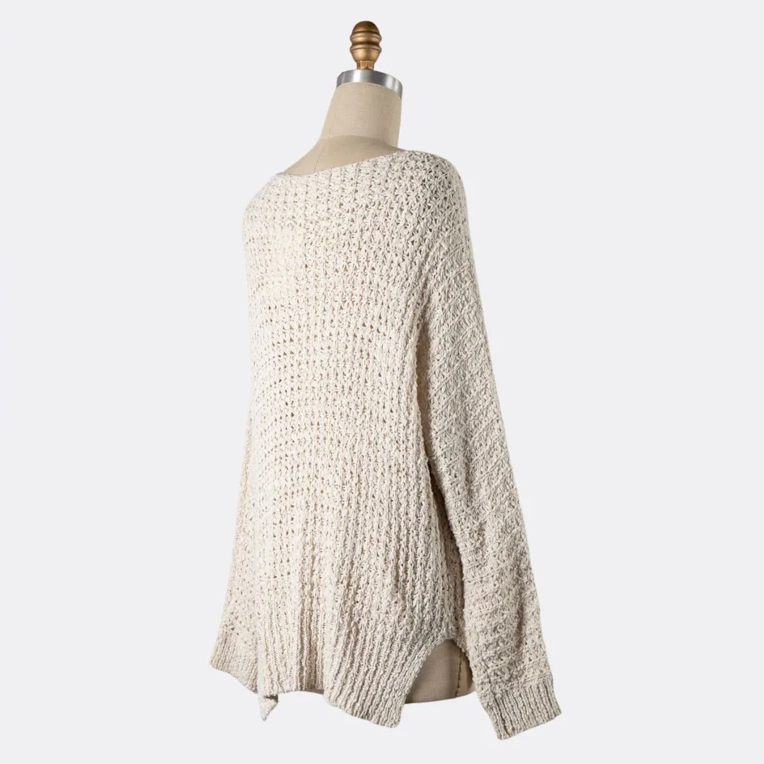 V Neck Ribbed Trim Cable Knit Sweater (Ivory)