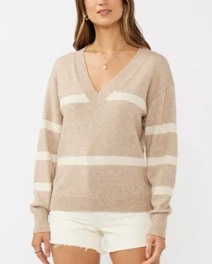 V-Neck Stripe Sweater Top Heather - Light Taupe/Oatmeal