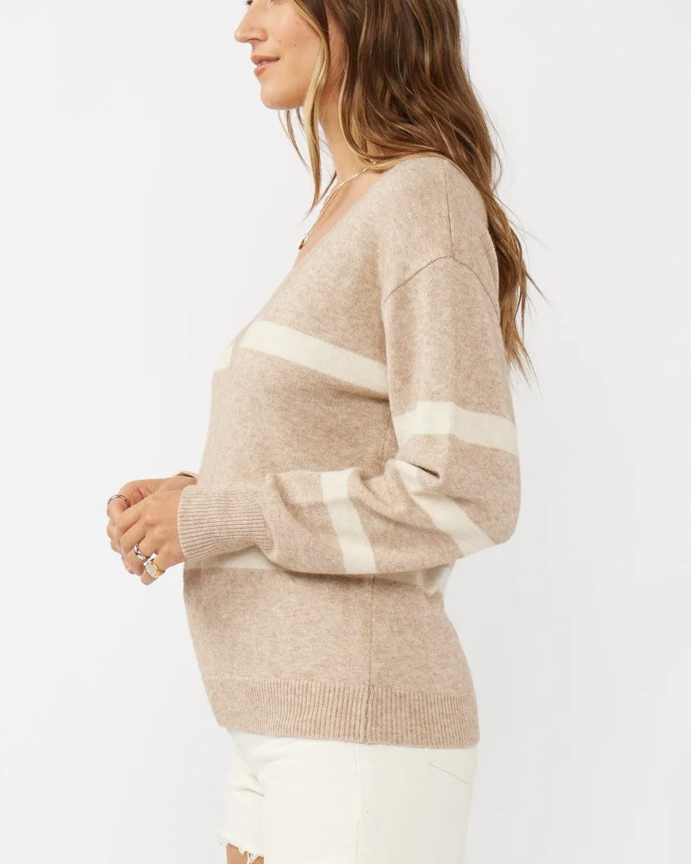 V-Neck Stripe Sweater Top Heather - Light Taupe/Oatmeal
