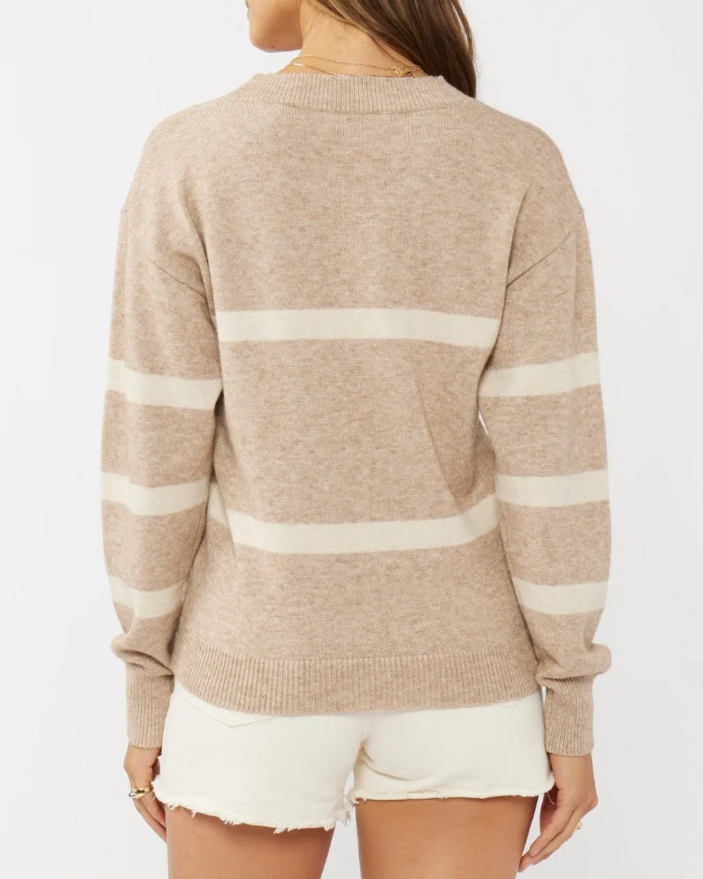 V-Neck Stripe Sweater Top Heather - Light Taupe/Oatmeal