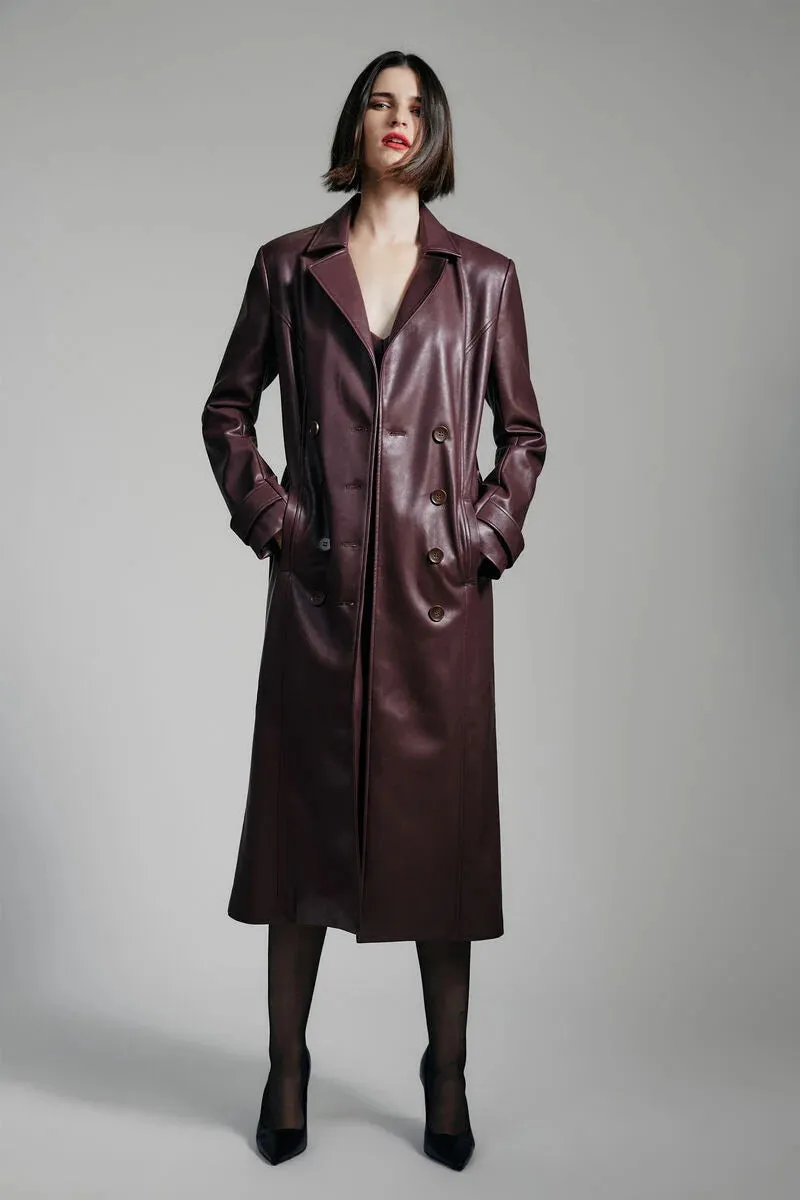 Vegan Leather Trench Coat In Plum