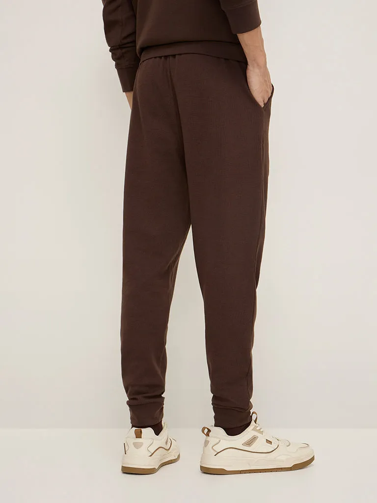 WES Lounge Brown Textured Relaxed-Fit Mid-Rise Cotton-Blend Joggers