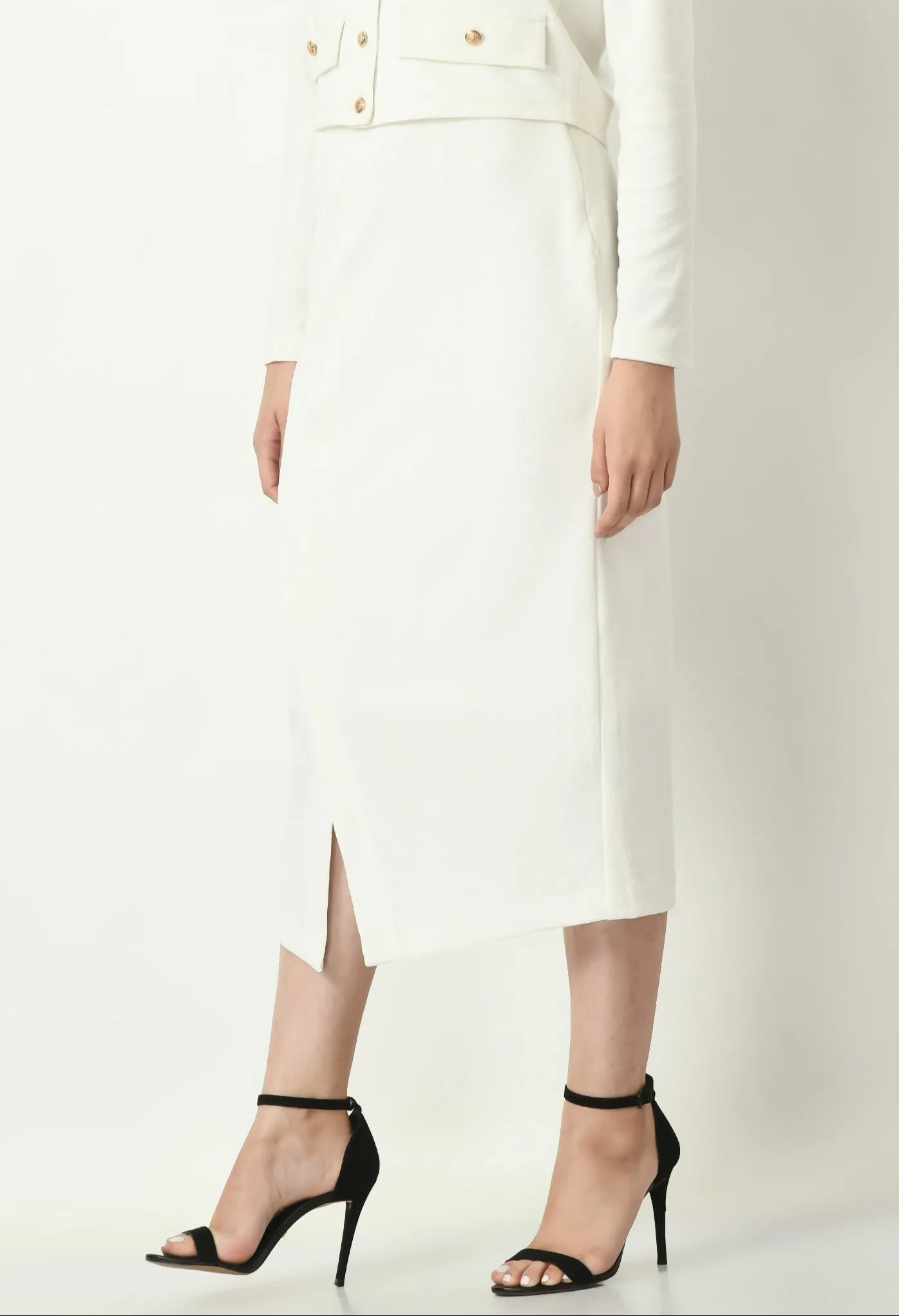 White Euphoria Pencil Midi Skirtwith Front Slit