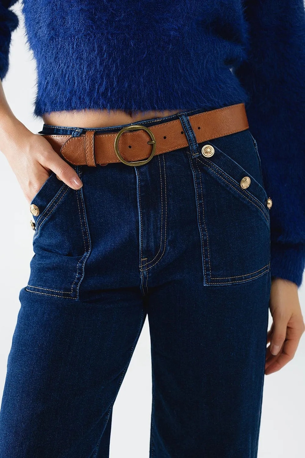 Wide Leg Jeans With 3 Button Detail