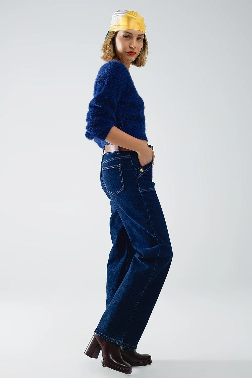 Wide Leg Jeans With 3 Button Detail