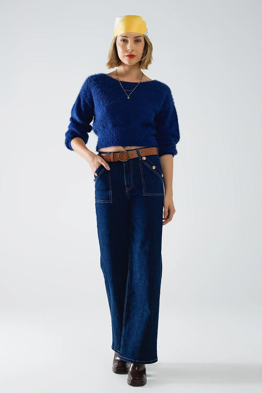 Wide Leg Jeans With 3 Button Detail