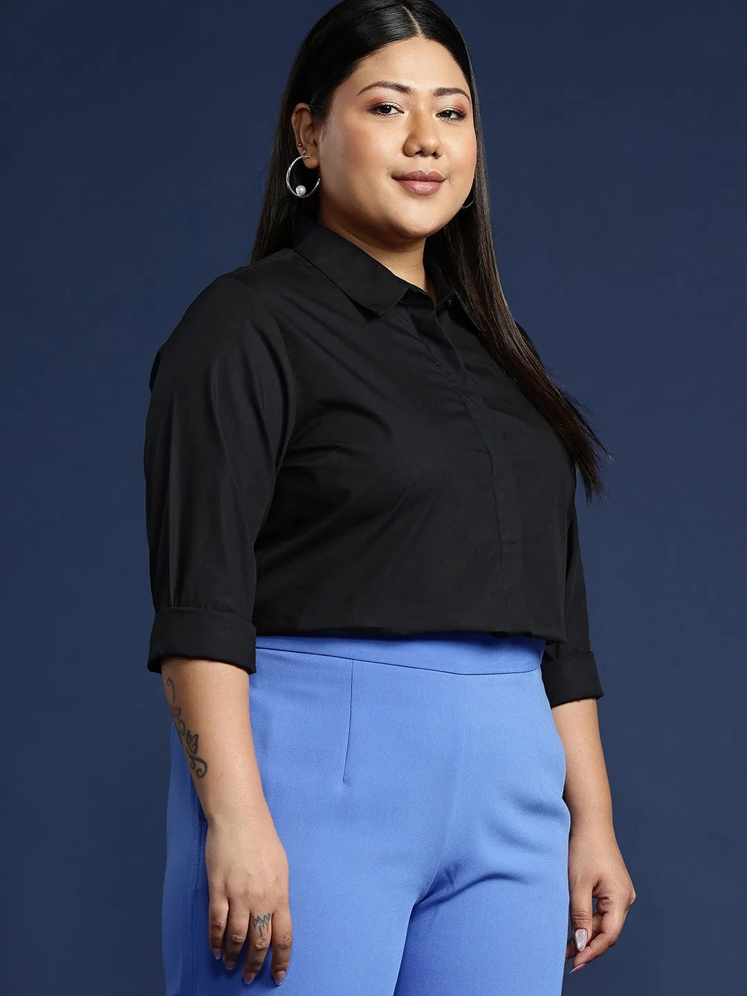 Women Black Solid Pure Cotton Plus Size Formal Shirt
