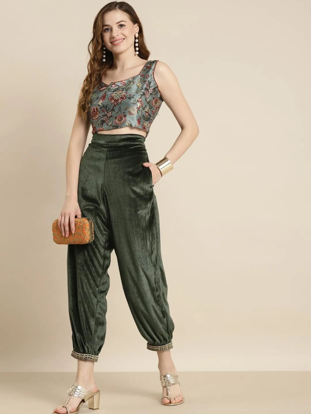 Women Olive Embroidered Cuff Hem Velvet Pants