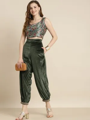 Women Olive Embroidered Cuff Hem Velvet Pants
