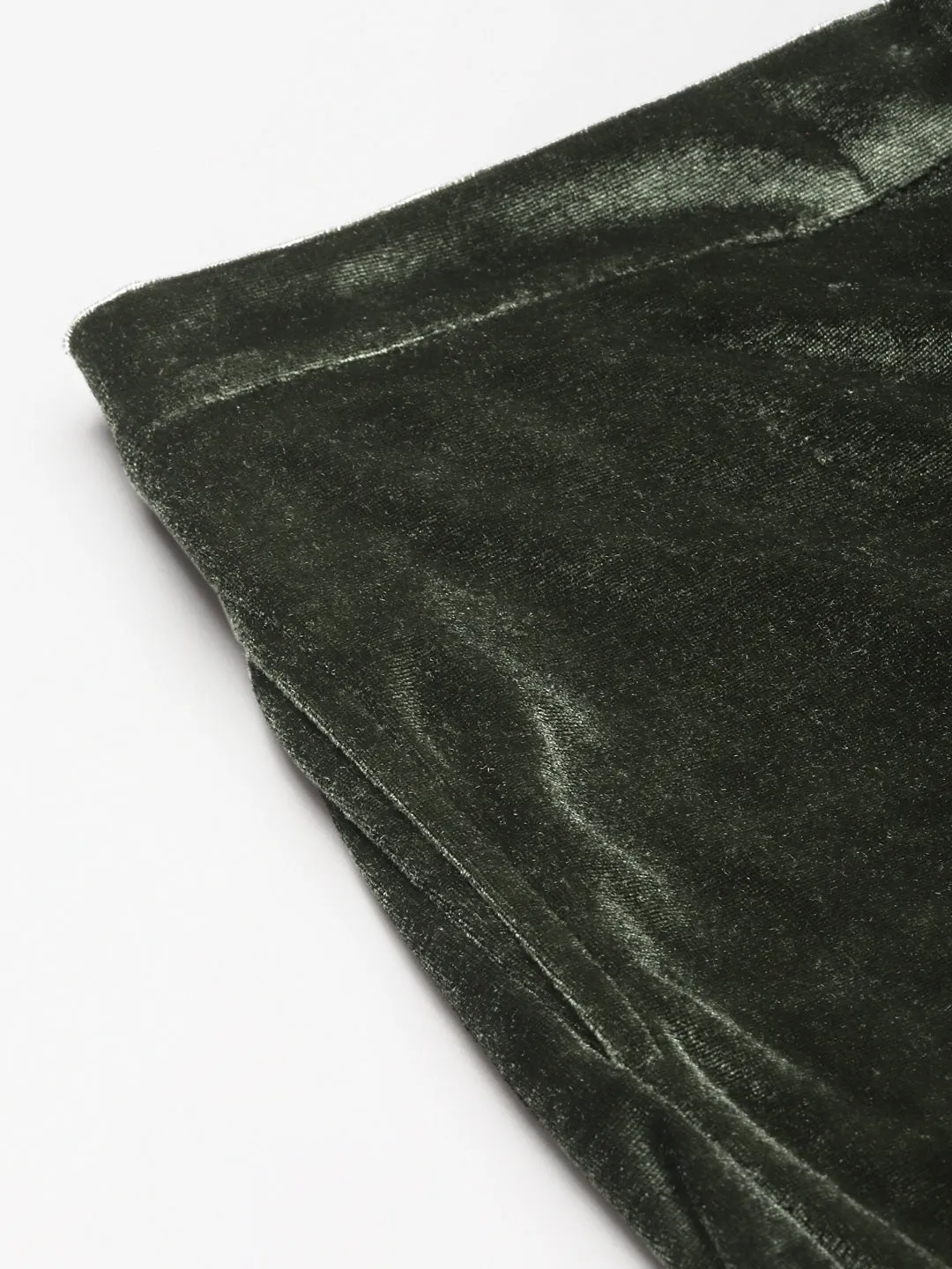 Women Olive Embroidered Cuff Hem Velvet Pants