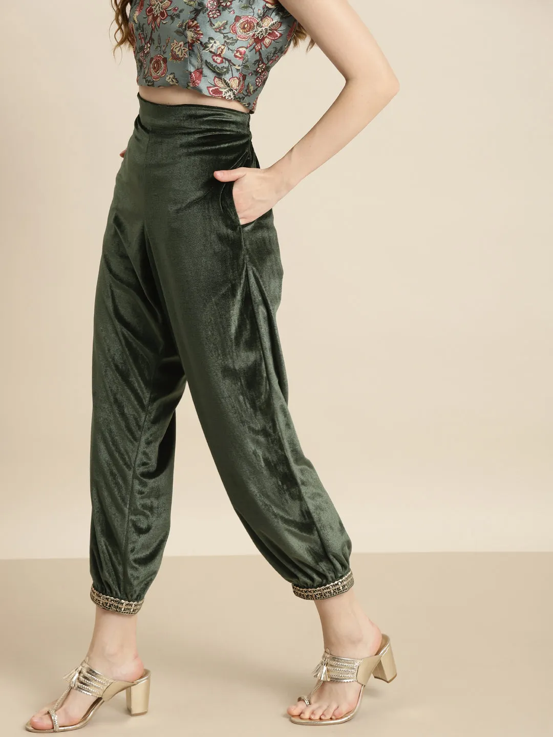 Women Olive Embroidered Cuff Hem Velvet Pants