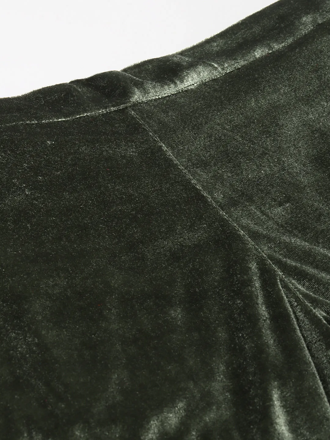 Women Olive Embroidered Cuff Hem Velvet Pants