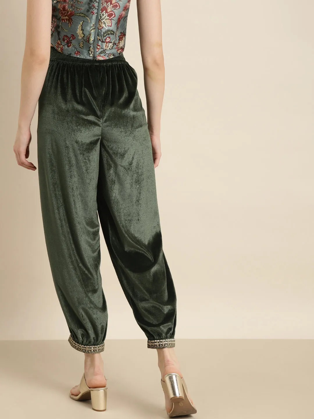 Women Olive Embroidered Cuff Hem Velvet Pants