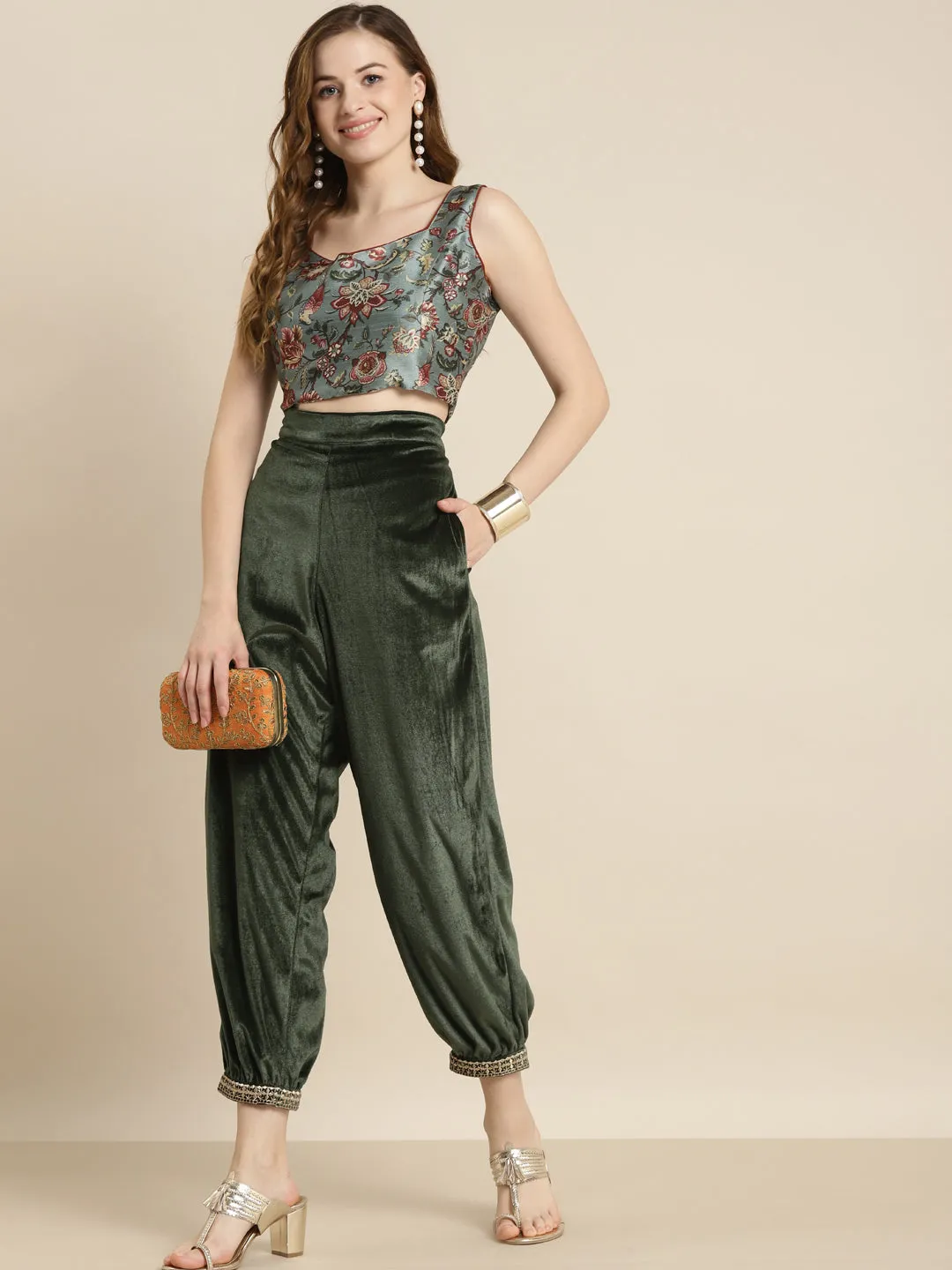 Women Olive Embroidered Cuff Hem Velvet Pants