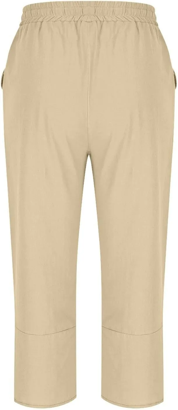 Women's Cotton Linen Straight Leg Pants Capri Pants Elastic Drawstring Casual Trousers with Pockets Summer Beach