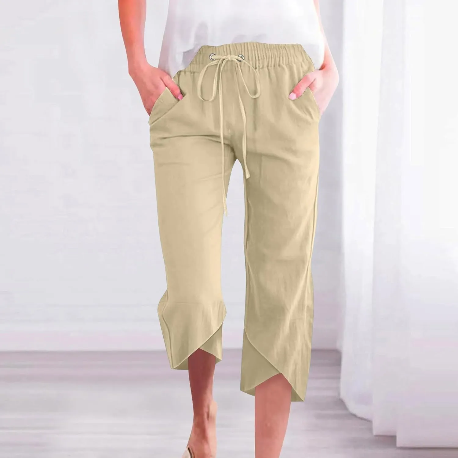 Women's Cotton Linen Straight Leg Pants Capri Pants Elastic Drawstring Casual Trousers with Pockets Summer Beach