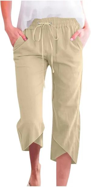 Women's Cotton Linen Straight Leg Pants Capri Pants Elastic Drawstring Casual Trousers with Pockets Summer Beach