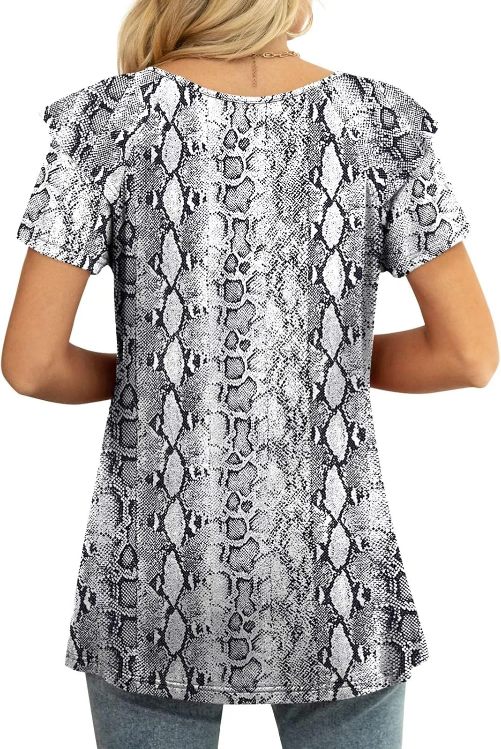 Women's Snake Print White Summer Top: Short Sleeve Ruffle V Neck - Loose Fit Blouse