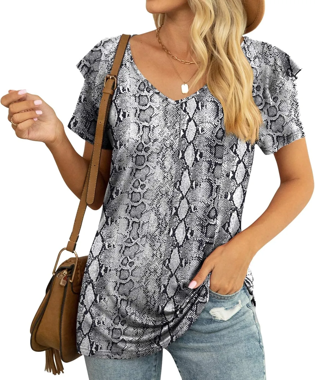 Women's Snake Print White Summer Top: Short Sleeve Ruffle V Neck - Loose Fit Blouse