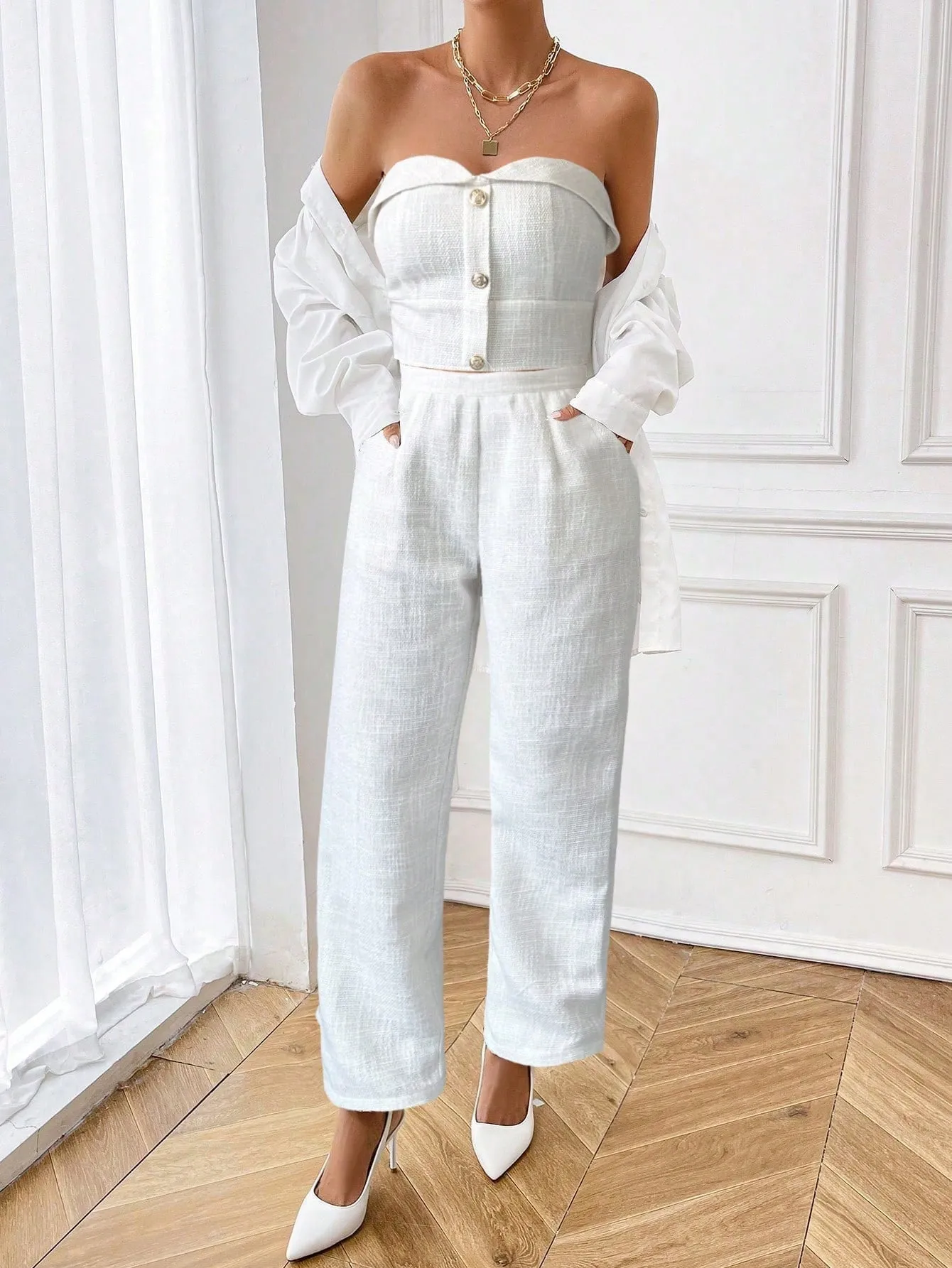 Women's Two-Piece Outfits, Clean And Simple Solid Color Top With Buttoned Back And High-Waist Pants