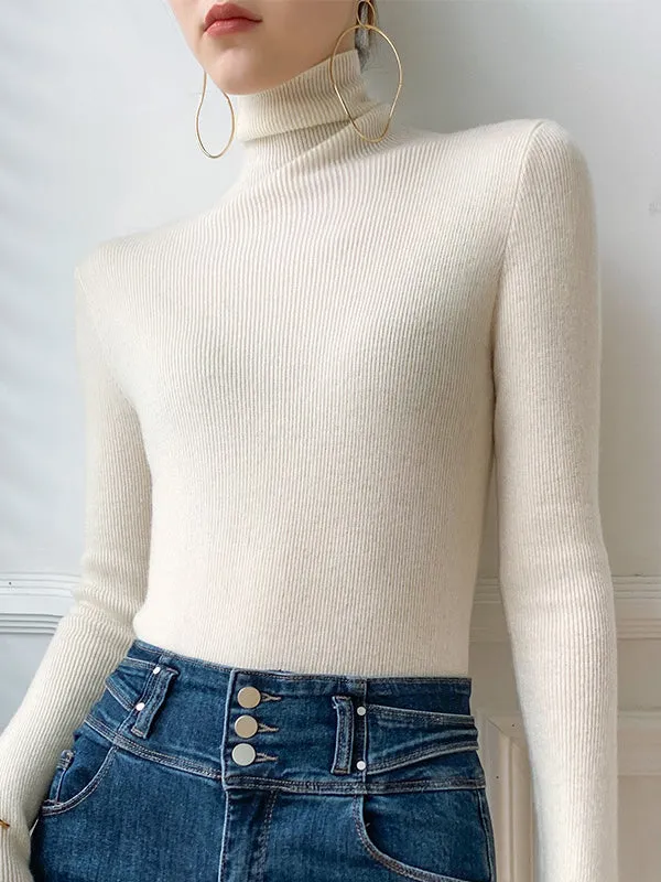 xakxx Simple Skinny Long Sleeves Solid Color Sweater Tops