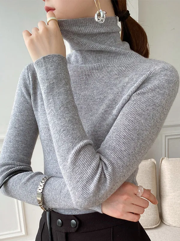 xakxx Simple Skinny Long Sleeves Solid Color Sweater Tops