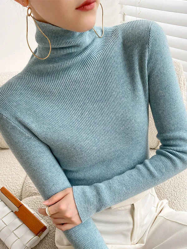xakxx Simple Skinny Long Sleeves Solid Color Sweater Tops
