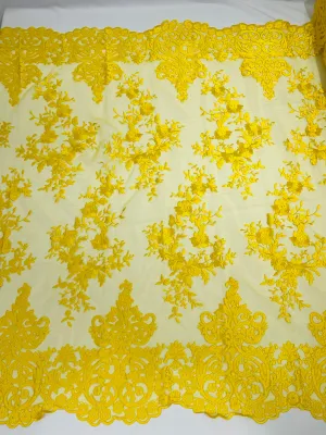 Yellow Bridal Lace - By The Yard - Floral Damask Design Embroidered on Mesh Lace Fabric