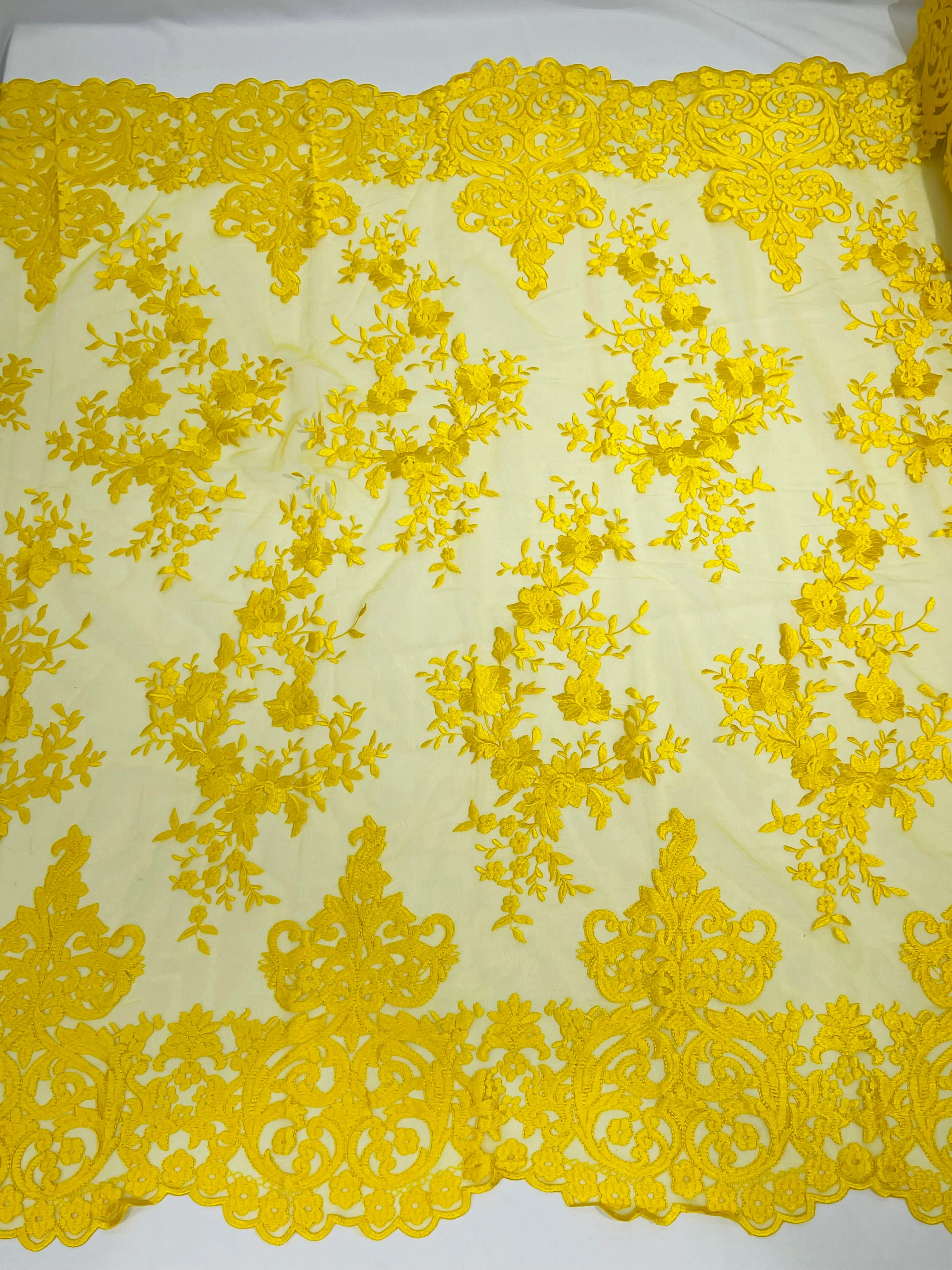 Yellow Bridal Lace - By The Yard - Floral Damask Design Embroidered on Mesh Lace Fabric