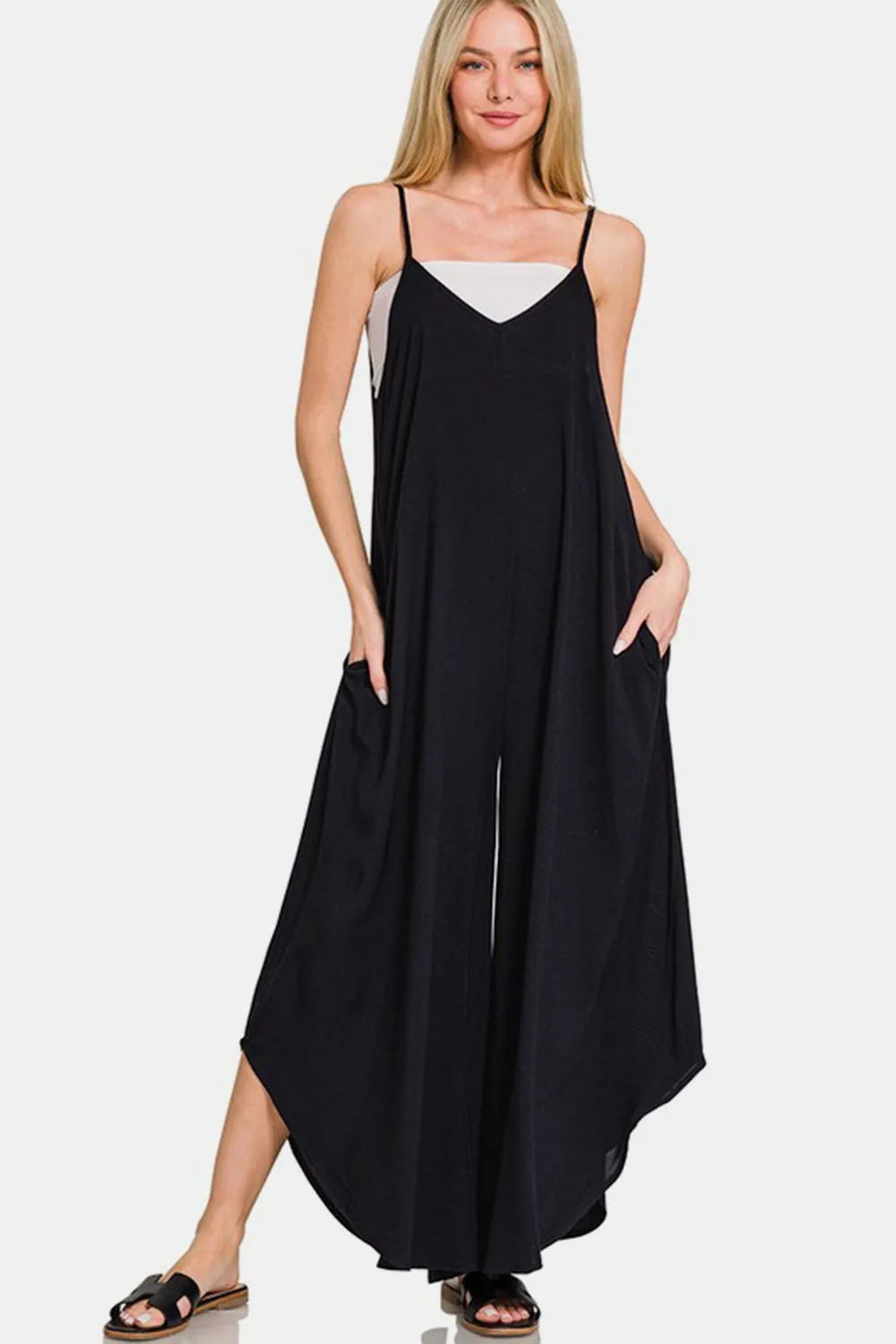 Zenana Black Asymmetrical Wide Leg Overalls