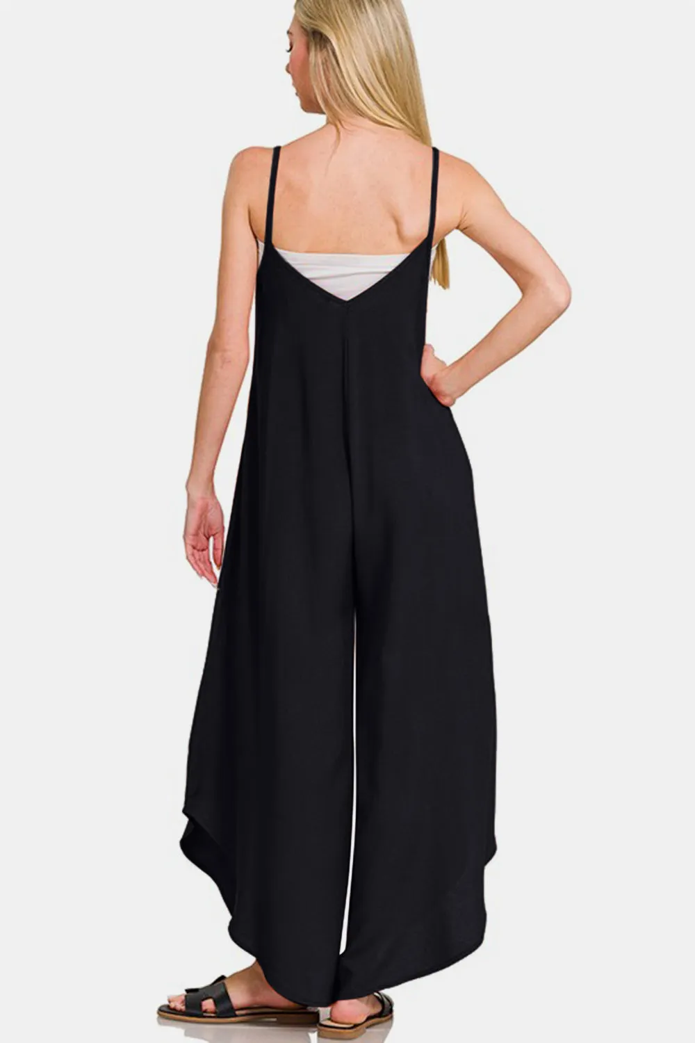 Zenana Black Asymmetrical Wide Leg Overalls