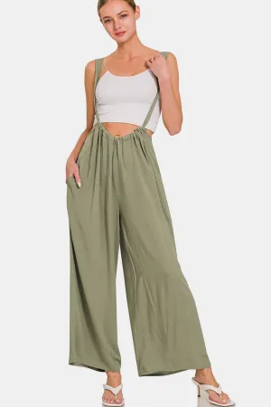 Zenana Pocketed Wide Strap Wide Leg Tie Back Overalls in Light Olive
