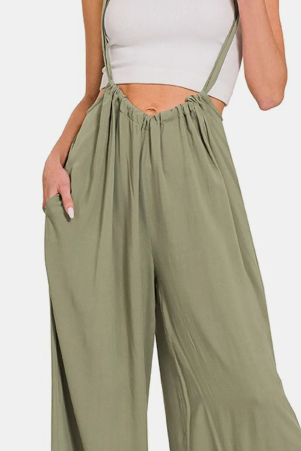 Zenana Pocketed Wide Strap Wide Leg Tie Back Overalls in Light Olive