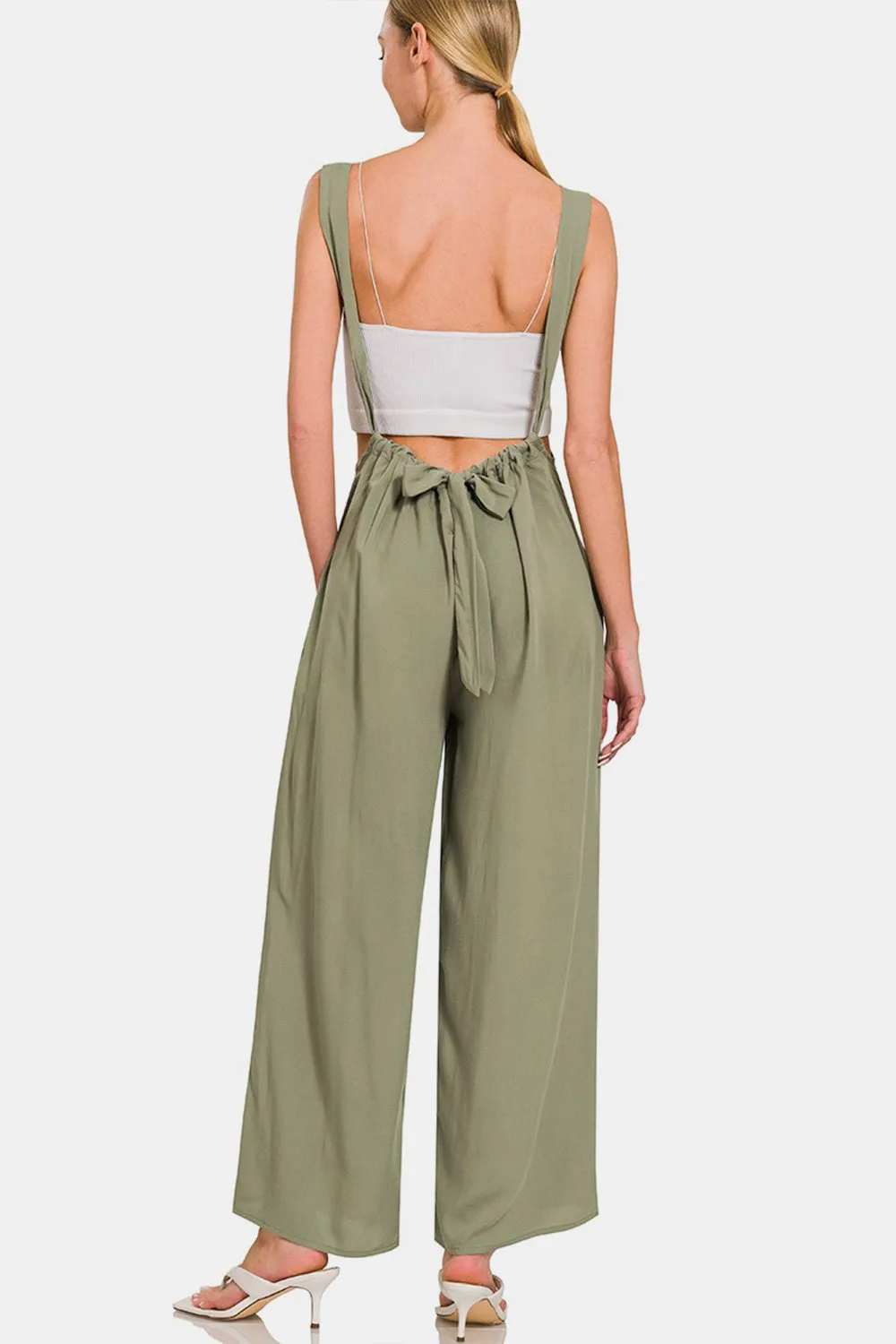 Zenana Pocketed Wide Strap Wide Leg Tie Back Overalls in Light Olive