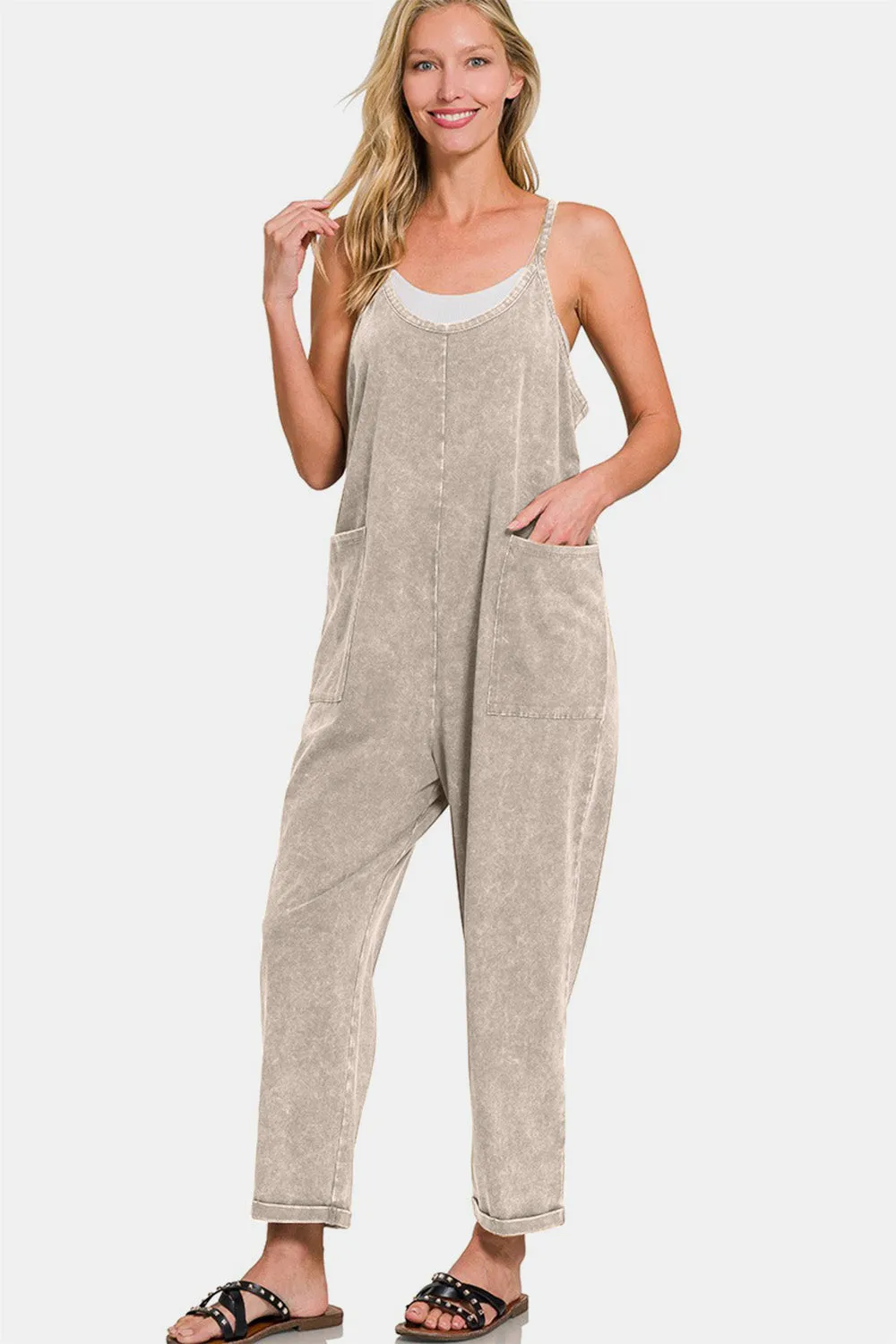 Zenana Washed Spaghetti Straps Overalls with Pockets